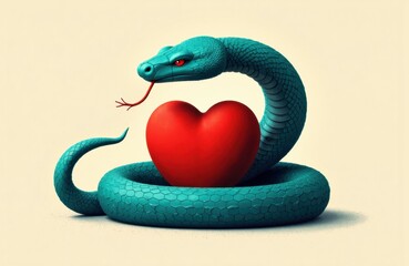 Fototapeta premium A blue snake coiled around a red heart with a neutral background