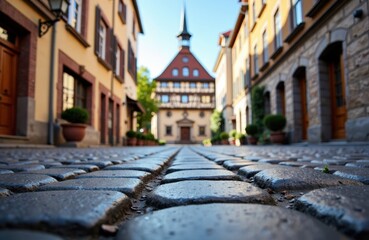 Cobblestone street leading to historic European building with colorful facades and potted plants