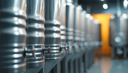 Row of metal tanks inside winery. Equipment for wine production at plant. Containers for wine fermentation process. Stainless barrels in modern alcohol beverage manufactory. Wine making industry
