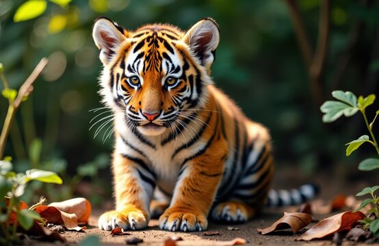 Young tiger cub resting on forest floor with lush greenery in background