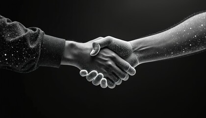 Two people shake hands in a symbol of agreement or partnership. Hands are depicted in a wireframe style with a black background. One hand is dark while the other is transparent with white dots.