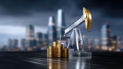 Golden coins stacked high next to an industrial oil pump machine on a dark, wet surface with blurred city buildings in the background at night. This scene symbolizes energy sector investments
