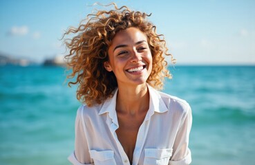 Woman smiling outdoors at the beach with clear blue sky and ocean in the background