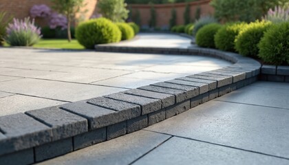 Garden paving under construction with grey porcelain patio tiles and curved charcoal edge bricks. Pathway renovation with landscaping design. Backyard improvement project with modern masonry exterior.