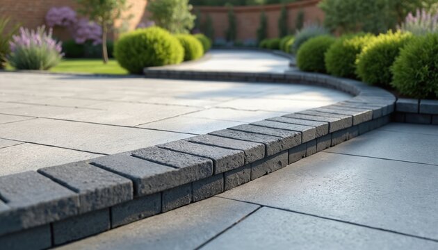 Garden paving under construction with grey porcelain patio tiles and curved charcoal edge bricks. Pathway renovation with landscaping design. Backyard improvement project with modern masonry exterior.