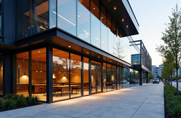 Modern glass building exterior with illuminated interior and sidewalk view