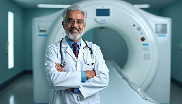 Smiling senior doctor stands near MRI machine. Physician poses with stethoscope in hospital room. Therapist in lab coat looks at camera. Medical pro with folded arms. Healthcare tech.