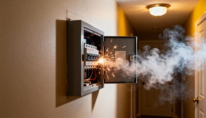 Sparks and smoke erupting from an open residential circuit breaker panel due to an electrical malfunction in a hallway.