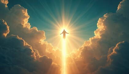 Divine figure ascends to heaven. Bright light rays radiate from God in golden clouds. Sacred event hope, faith, spiritual glory, eternal paradise. God appearance brings peace, revelation, heavenly