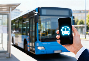 Man holding a smartphone with a glowing bus icon, standing at a bus stop with a blue transit vehicle arriving.