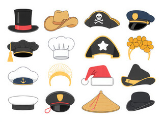 Collection of diverse cartoon hats including chef pirate and cowboy styles vector illustration isolated on white background