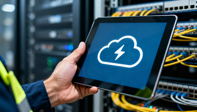 IT professional holding a digital tablet displaying a cloud and lightning icon in a server room with network hardware.