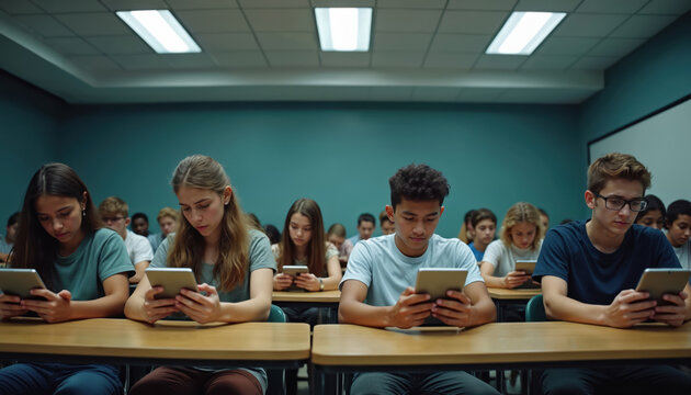 Teenagers sit at desks in classroom using tablets. Students engaged with digital devices during break. Young people study, interact online, focus on screens. - Powered by Adobe