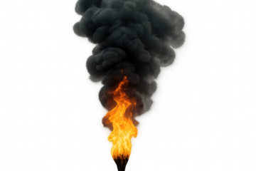 Fire producing thick black smoke, symbolizing air pollution and industrial emissions on a transparent background