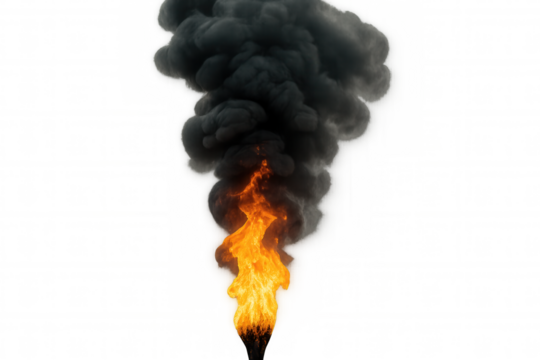 Fire producing thick black smoke, symbolizing air pollution and industrial emissions on a transparent background