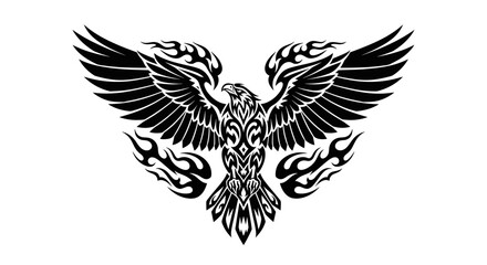 Fototapeta premium Tribal eagle tattoo design vector illustration, phoenix bird drawing with wings spread, black and white art