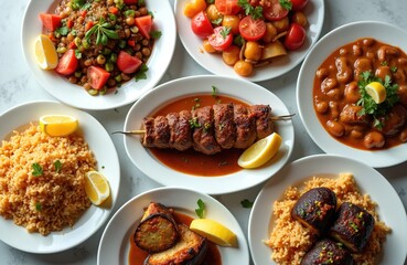 Assortment of Turkish dishes served on white plates. Grilled meat skewer, rice pilaf, stuffed eggplant, chickpea stew, fresh tomato salad offer rich culinary experience. Garnished with lemon slices,