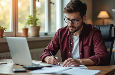 Man works at desk with papers and laptop. Freelancer analyzes data, calculates expenses at home office. Remote worker in glasses counts budget, checks finance and does paperwork.