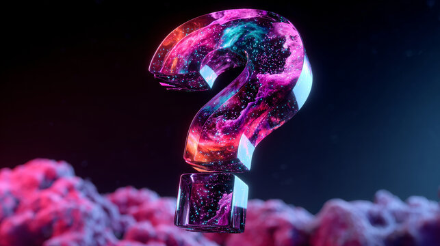 A glowing question mark made of a nebula with pink, blue and green colors in front of red clouds on black background