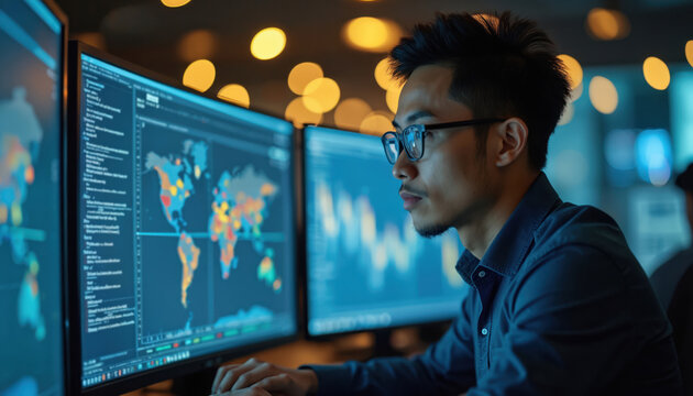 Young Asian man analyzing data on multiple computer screens with world maps, graphs in modern office. Works focused on complex data analysis project. Multiple monitors display detailed information,