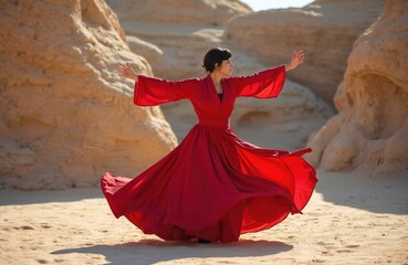 Woman in red dress spins in desert landscape. Female dancer performs traditional whirling, hands outstretched, against rock formations. Spiritual movement and graceful pose in sandy environment.