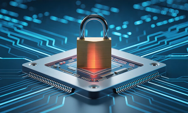 Cybersecurity Concept: Padlock Securing a Computer Processor, Illustrating Data Protection and Digital Safety