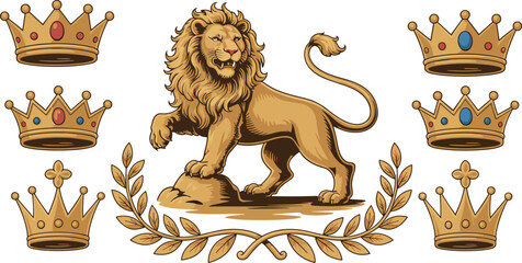 Royal lion illustration, standing on rock, golden mane, ornate crowns, laurel wreath, majestic animal art, heraldic vector design © Shihab Creative