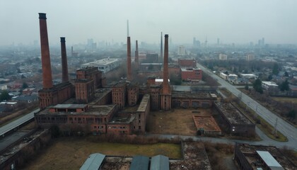 Aerial view of abandoned industrial area with old brick buildings, factory chimneys. New residential city block surrounds industrial zone. Industrial buildings stand with empty spaces, roads.