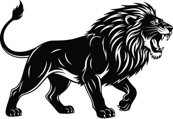 Stylized roaring lion, black and white illustration, bold predator pose, flowing mane, fierce animal vector, tattoo emblem, dynamic design