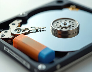 Close up of an open hard disk drive with an eraser. It represents data deletion or file formatting. The photo is suitable for tech repair articles illustrating data loss.