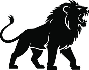 Roaring lion silhouette, bold animal profile, black vector design, powerful wildlife symbol, stylized mane, emblem art, strong predator stance
