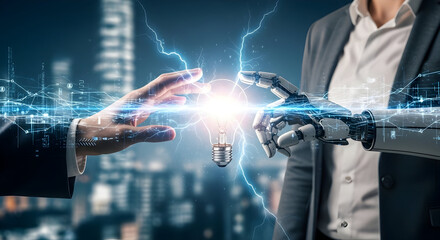 Human and Robotic Hands Connecting over Illuminated Lightbulb, Symbolizing Innovation and Technology