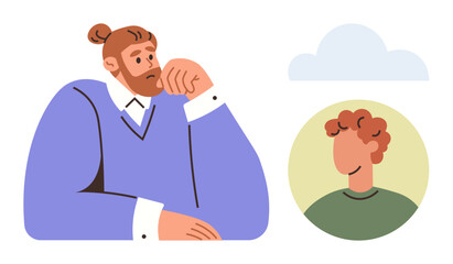 Individual pondering while gazing at a profile in a circular frame, suggesting online chatting, digital connection, imagination, creativity, remote work, loneliness, communication. Modern flat
