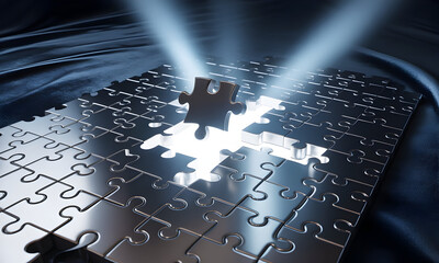 Illuminated Puzzle: a Shiny, Metallic Jigsaw with One Missing Piece and Bright Light Shining Through the Gap, Symbolic of Solution