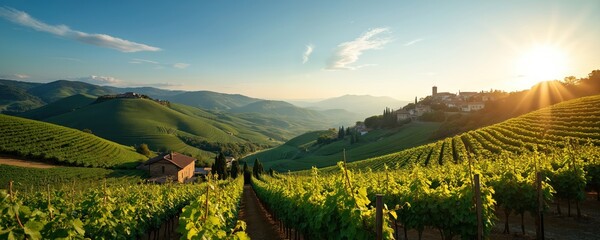 Vineyard rows with green grapevines in summer. Rural landscape with rolling hills, distant village. Sunny day with clear blue sky. House in countryside surrounded by vinery. Agriculture, wine