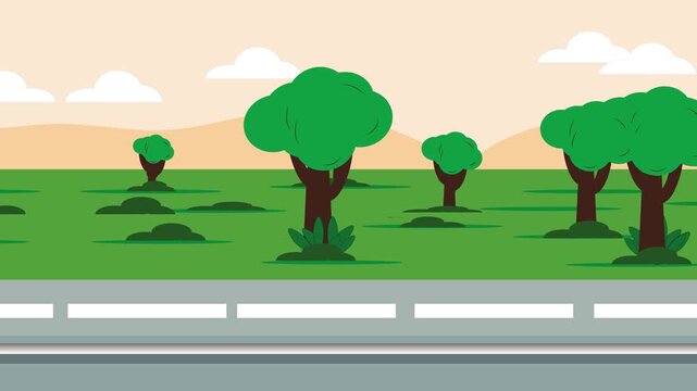 2D cartoon landscape infinite loop animation featuring a road, trees, and mountains and pink sky. Ideal for games, motion backgrounds, and animation projects.