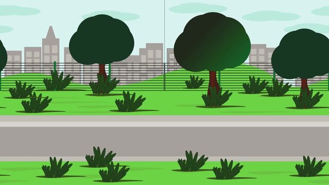 Infinite loop 2D city park animation featuring road, trees, and city skyline with moving clouds. Perfect for game scenes and motion backgrounds.