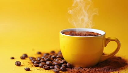 Yellow coffee cup filled with hot coffee powder with steam rising. Coffee beans scattered around cup on bright yellow background. Coffee powder spilled around cup. Coffee drink in yellow mug on