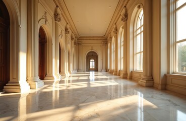 Obraz premium Elegant empty grand hall with classical architecture. Long corridor features tall columns, arched windows, warm light, shiny marble floor. Sunlight casts long shadows on polished surface. Majestic
