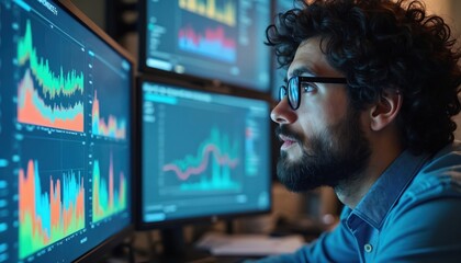 Fototapeta premium Bearded man looks at monitors with graphs. He analyses data. Person tracks finance charts. Trader works with stock market info on digital screens displays at night.