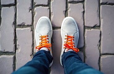 Man legs wearing blue jeans, white sneakers with orange laces standing on brick floor. Person standing on stone pavement with feet shoulder width apart. Male feet in casual shoes on textured surface.