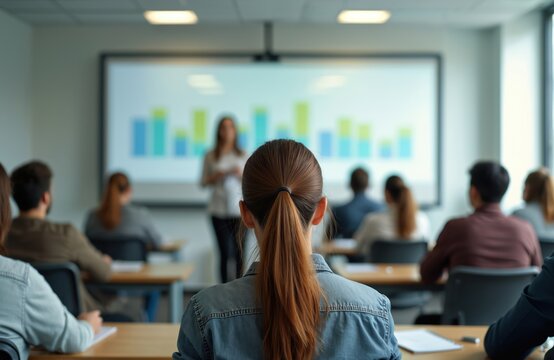 Students sit at desks in classroom. Young woman with ponytail faces projector screen with charts. People listen to teacher giving lesson. Woman teacher explains data on screen. Students learn in