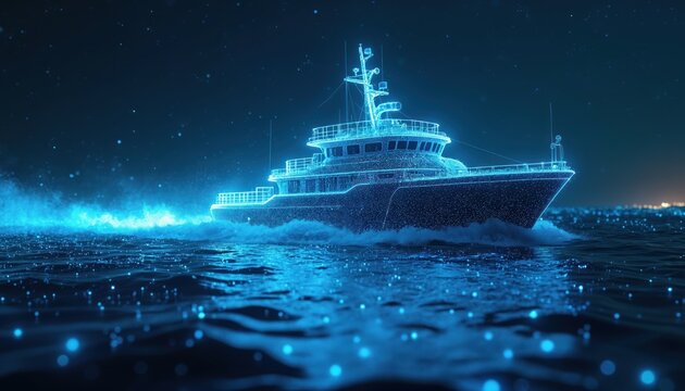 Digital boat with blue neon lights sails through ocean waves at night. Smart ship with artificial intelligence technology navigates through water. Modern vessel with glowing lights explores sea.