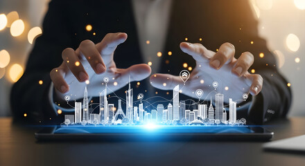 Businessman Interacting with a Digital Cityscape on a Tablet: Business Technology Concept