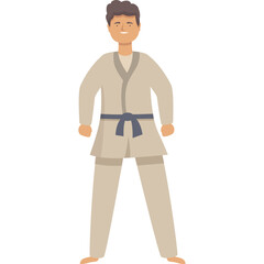Young Adult Male In A Tan Karate Gi With A Dark Blue Belt Standing In A Martial Arts Pose Isolated On White Background