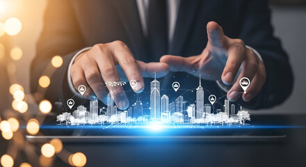 Businessman Interacting with Futuristic City Interface, Representing Smart City Technology and Digitalization