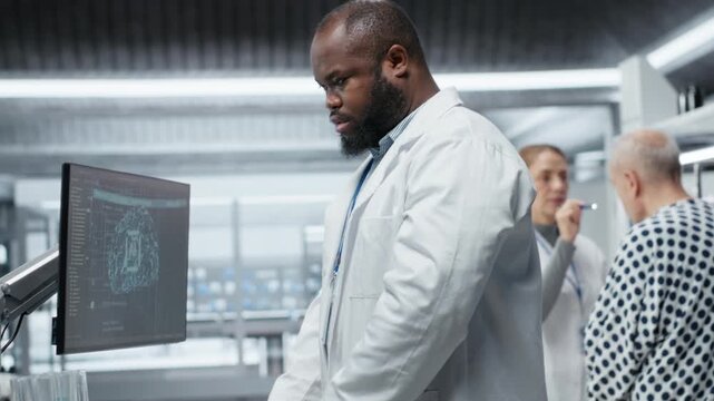 Black medic using artificial intelligence to observe effect during new drug test, collecting pharmacology data with neural networks system. Biomedicine discovery and innovation. Camera B.