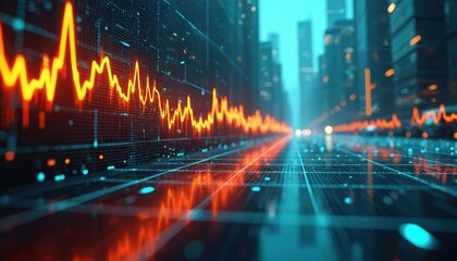 Fototapeta premium Futuristic cityscape with digital screens showing stock market fluctuations. Bright orange, red graphs illustrate market volatility against backdrop of sleek skyscrapers, advanced technology.