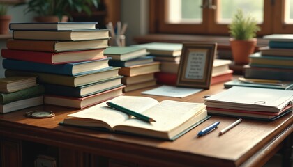 Stack of books and study supplies on wooden desk. Open book with pencil, papers and pens. Soft light creates academic atmosphere. Ideal for education and research.