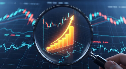 Magnifying Glass Focuses on Rising Stock Chart, Indicating Financial Growth and Positive Market Trends